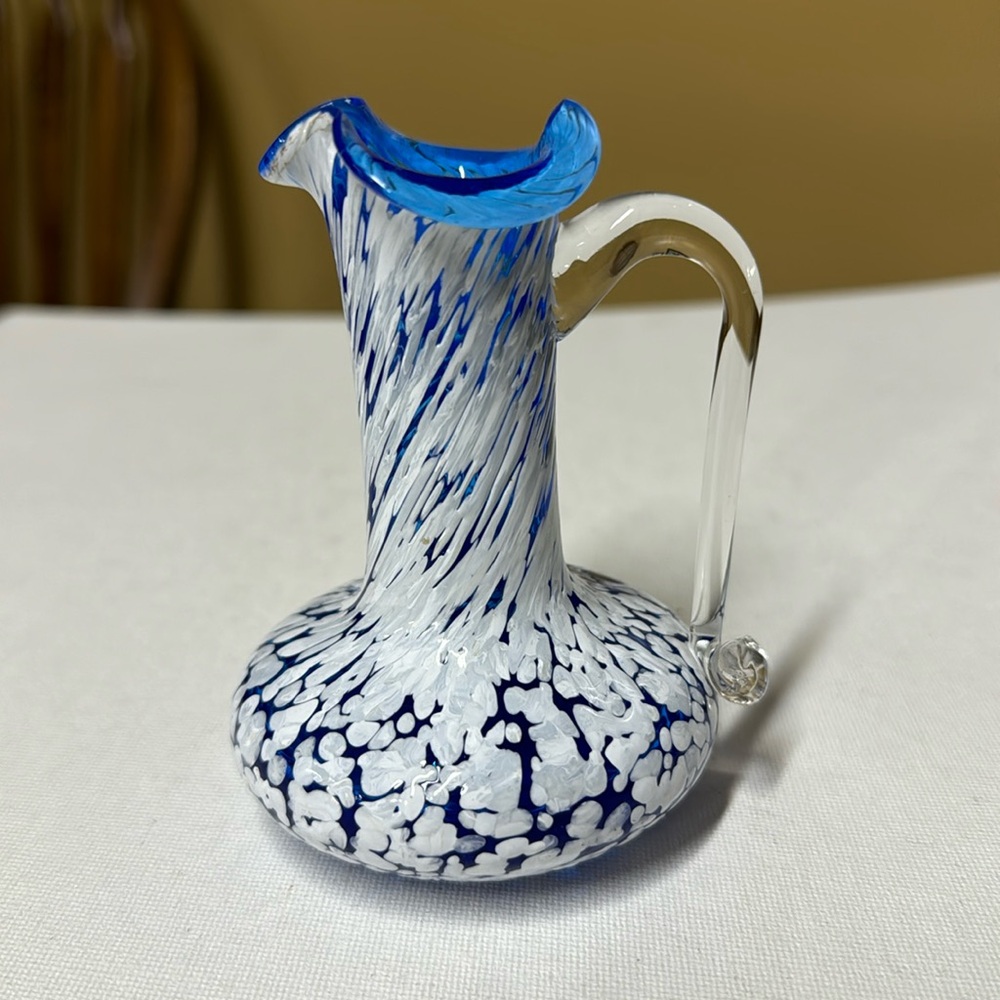 Pilgrim Art glass small pitcher hand blown splatter white on blue 4.25” tall